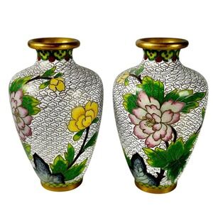 Cloisonne Vase Set 2 4in White Pink Floral Excellent Peony Butterfly